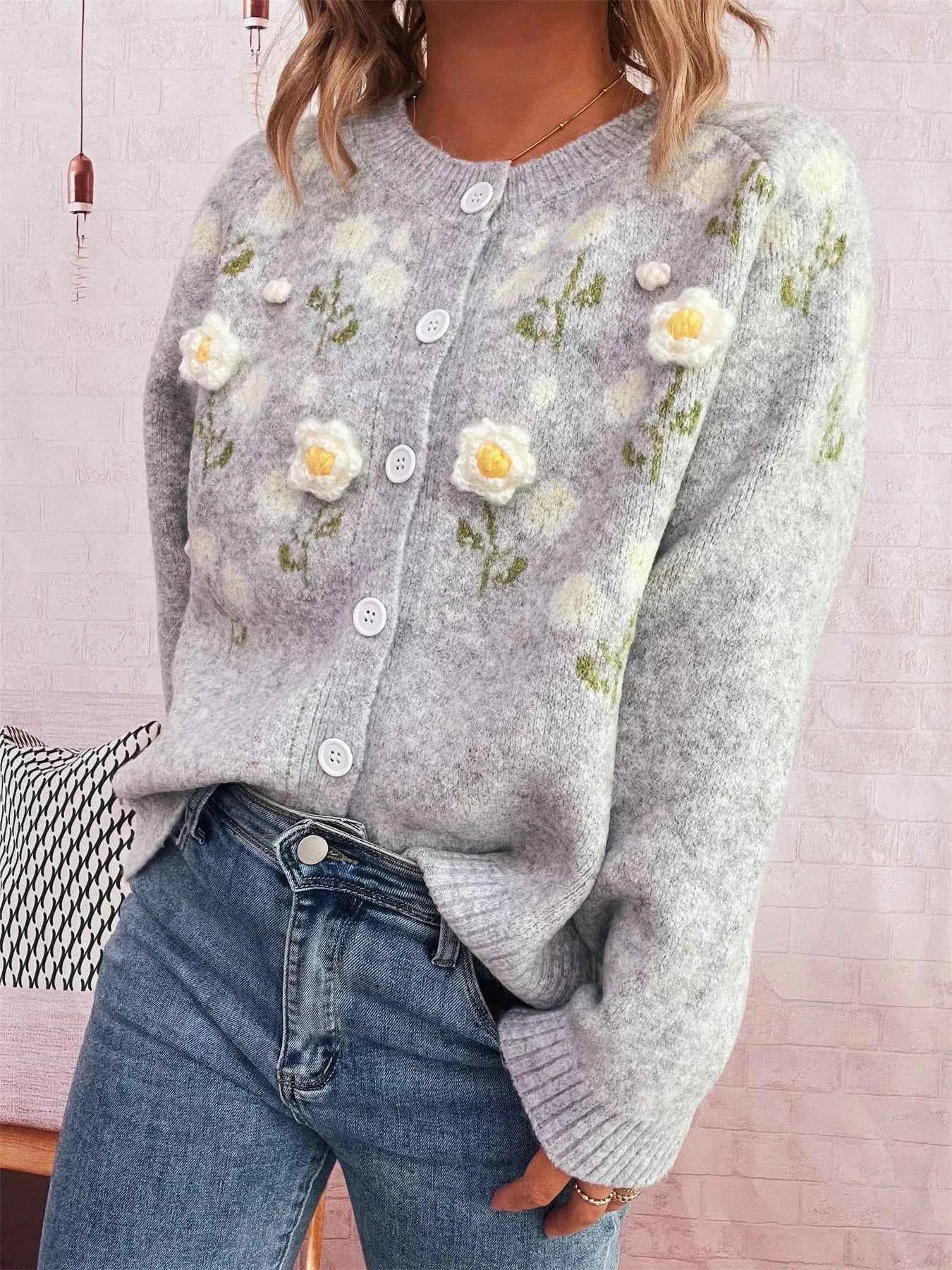 Flower Button Up Long Sleeve Cardigan ed3437cd9ab5447db801662a7a230045-Max-Origin