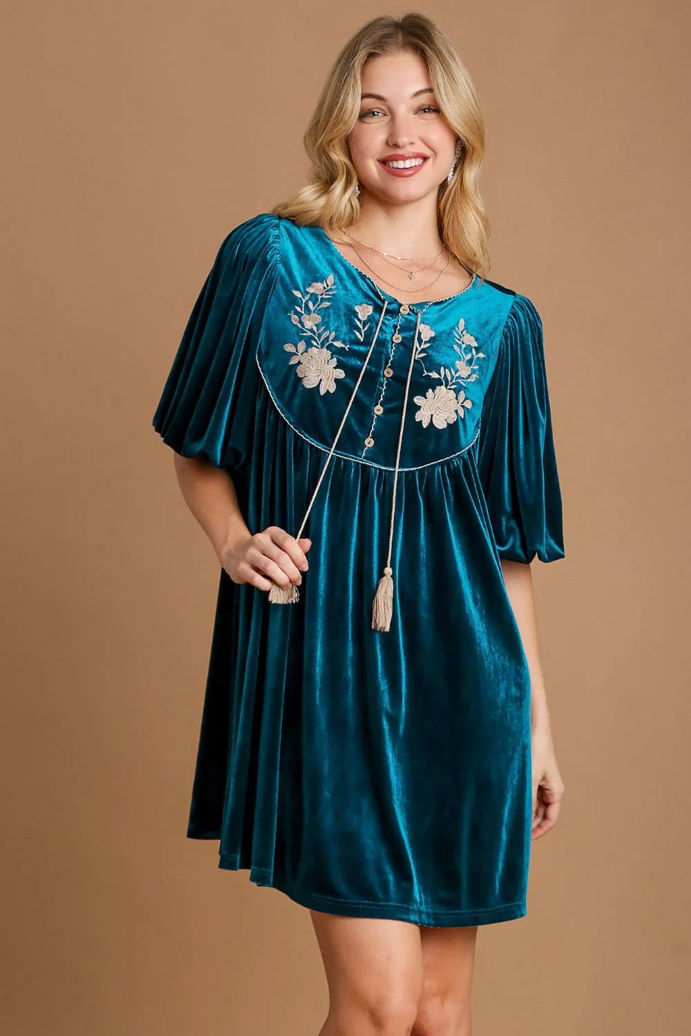 Umgee Embroidered Half Sleeve Velvet Mini Dress with Tassel Deep Teal ed45cd7d-da2c-4177-a752-e0d547ef3002-Max