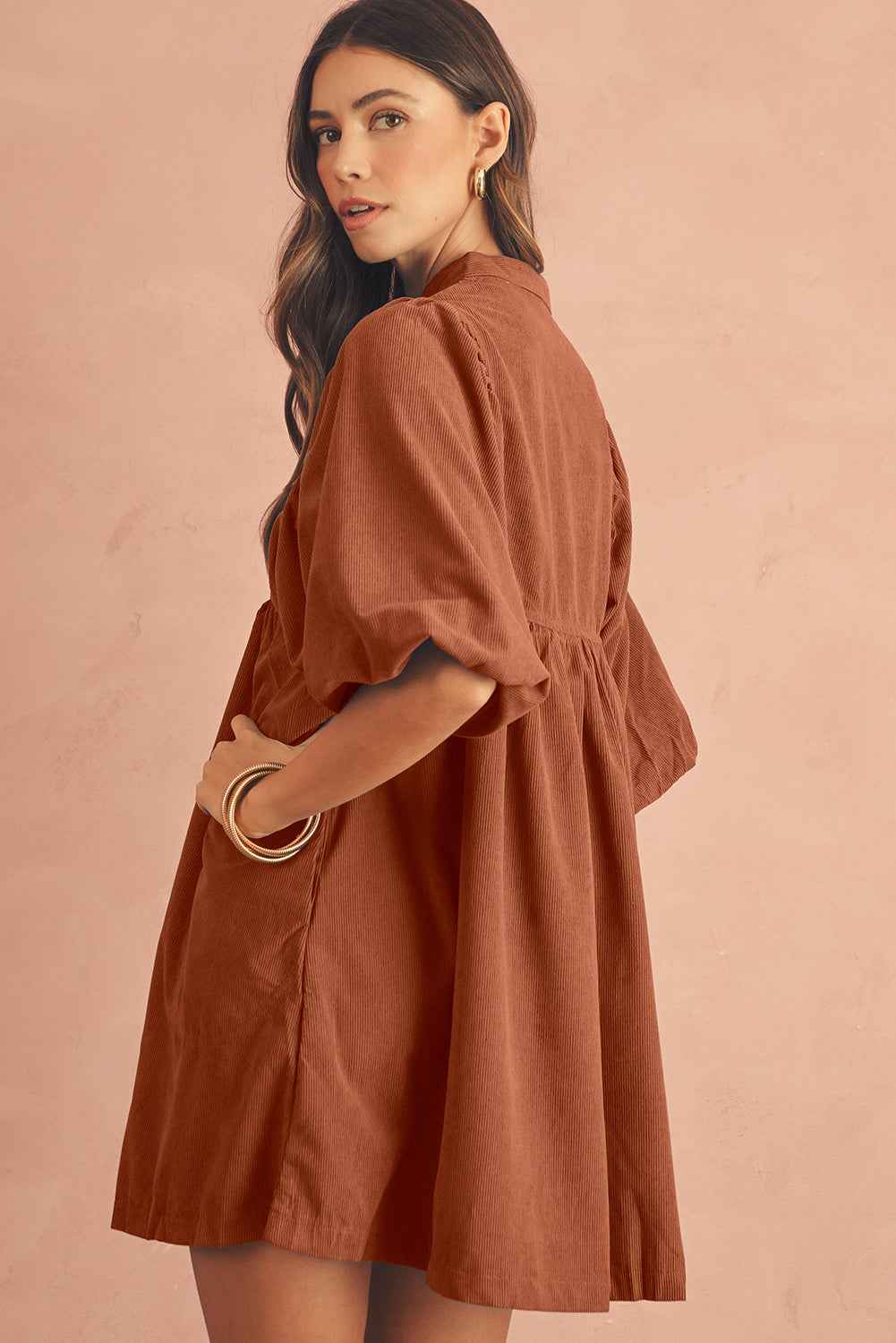 Gold Flame Light Snap Button Empire Waist Lantern Sleeve Corduroy Dress ed4d5cb6a61a47ed