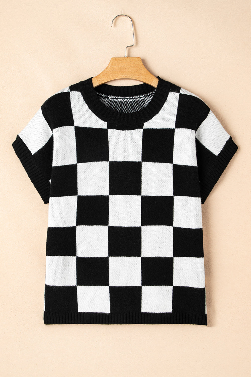 Light French Beige Checkered Knit Dolman Short Sleeve Sweater ed5993983f17b139