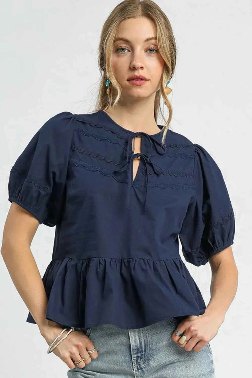 Umgee Tie Front Puff Sleeve Blouse Dark Navy ed7d31f5-1a49-42c1-9607-a33ba64420ee-Max-Origin