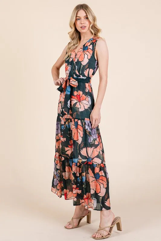 Lime 'N' Chili Floral Print Sleeveless Tie Waist Maxi Dress ed9e96541e8243bf998e27329da79557-Max-Origin