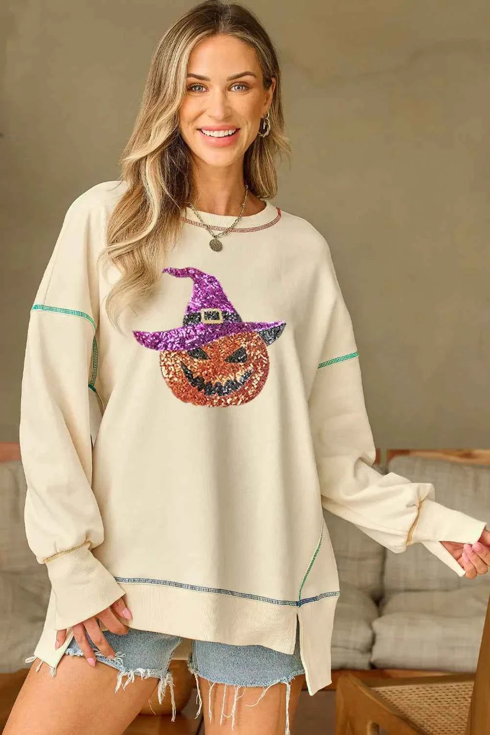 Contrast Stitching Sequin Pumpkin Round Neck Long Sleeve Sweatshirt Ivory eda85069-bbab-4873-bb0a-bd45ac6f0990-Max