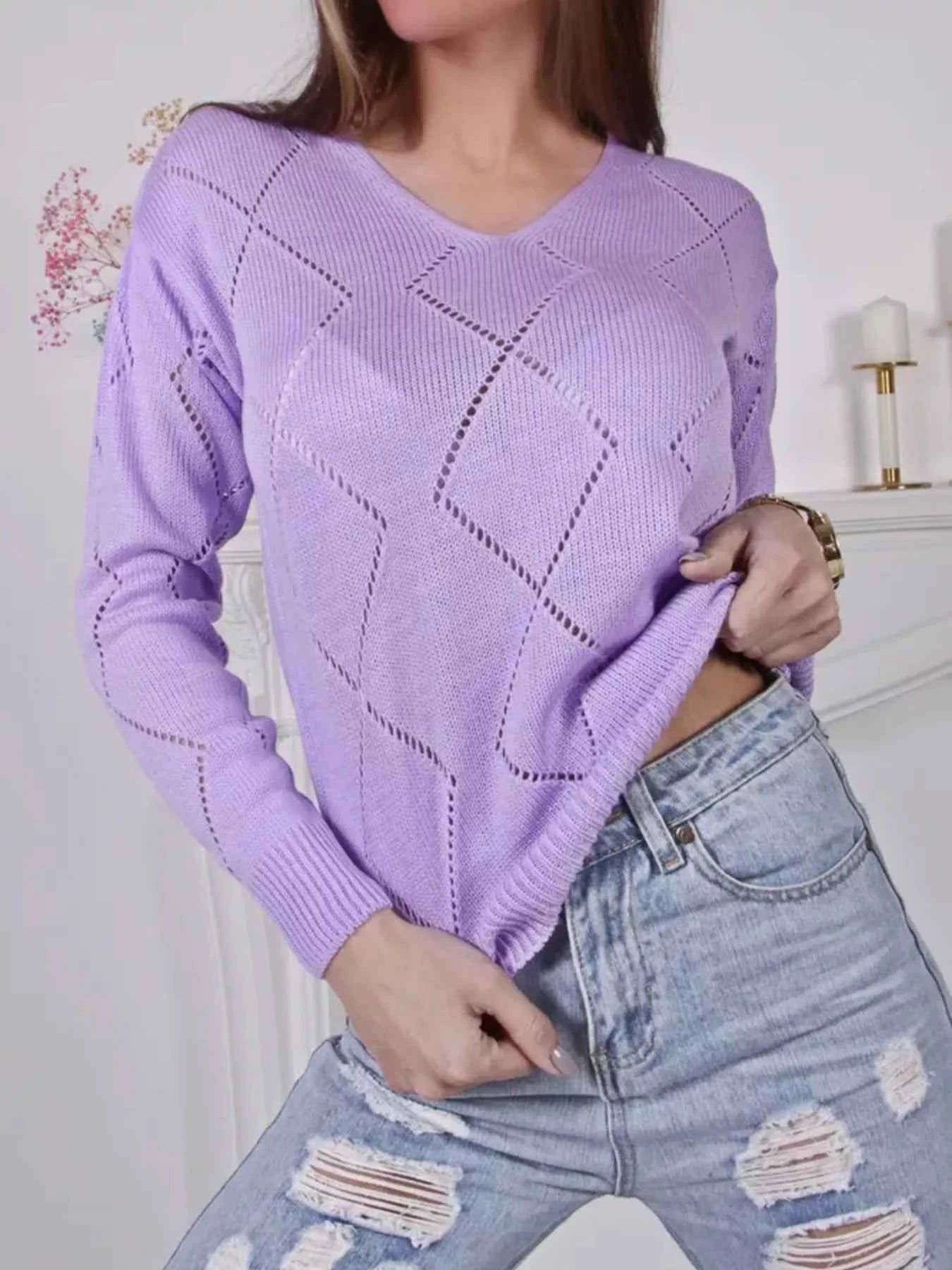 Openwork V-Neck Long Sleeve Sweater edaaa59ed5ba46c6a74ba89d0875b561-Max-Origin