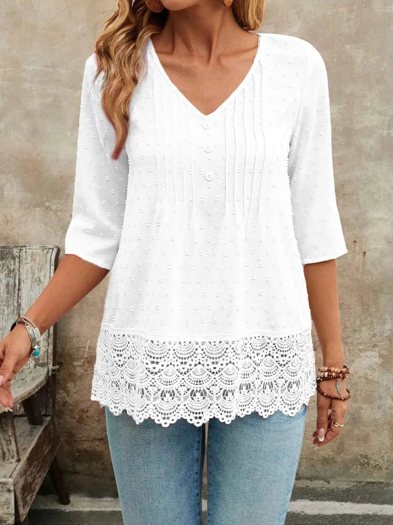 Lace Hem V-Neck Blouse edaffa24e94549639efb53eb7aa1f7d8-Max-Origin