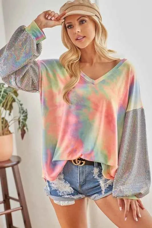 BiBi V Neck Tie Dye French Terry Top with Shiny PASTEL TIEDYE edb02412b971453b8911b0ef0ecaf198-Max-Origin