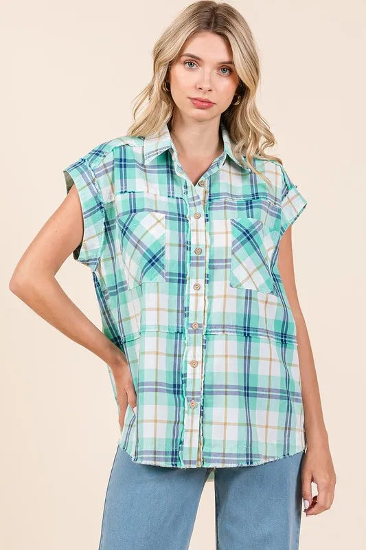 Mittoshop Mineral Wash Plaid Button Down Shirt Turquoise edb5ef79-3b42-40df-ac51-3a25059a433b-Max