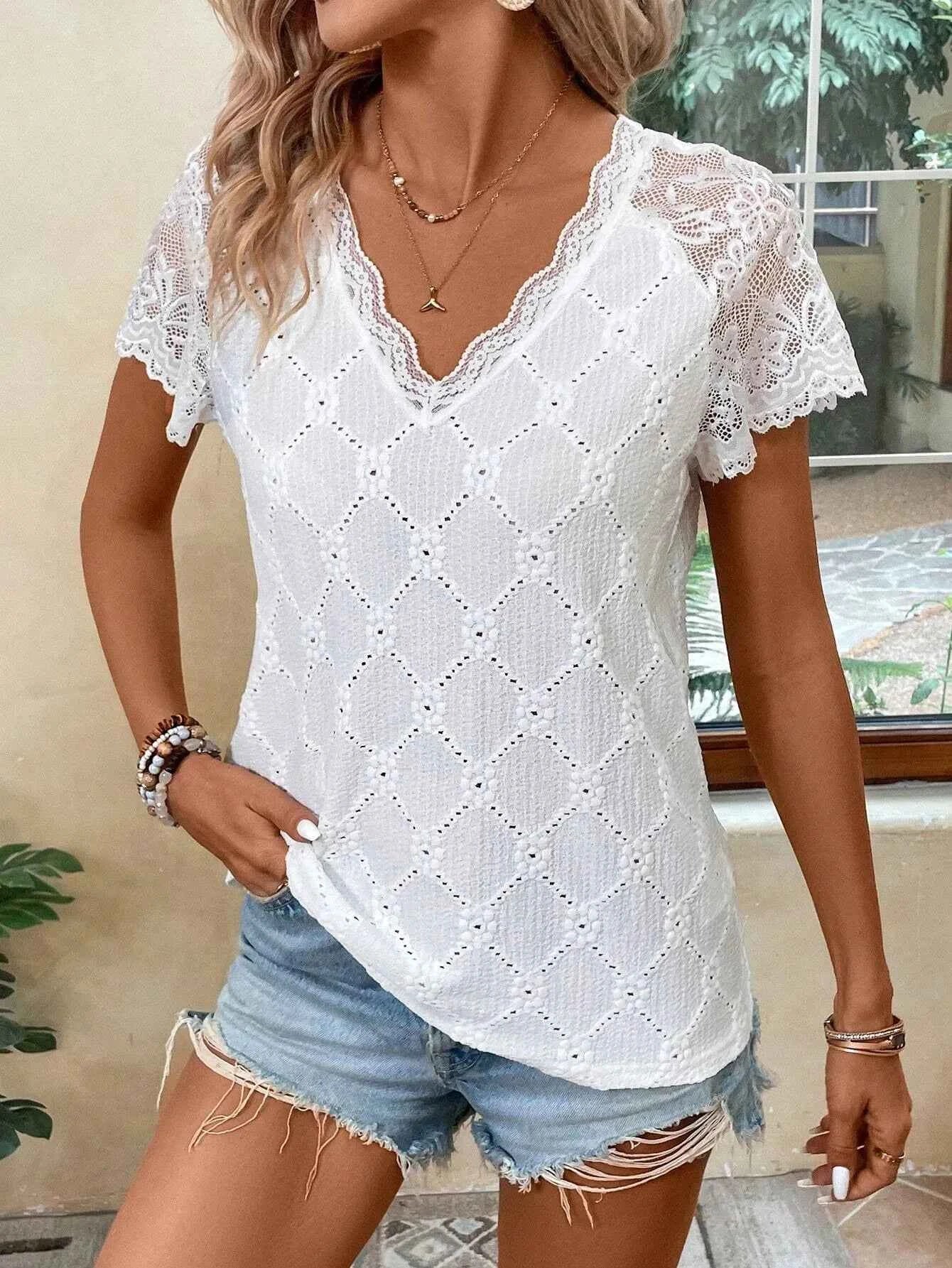 Lace Trim Eyelet Embroidered V-Neck T-shirt edcb7534bba347cdb5a8a175a707864d-Max-Origin