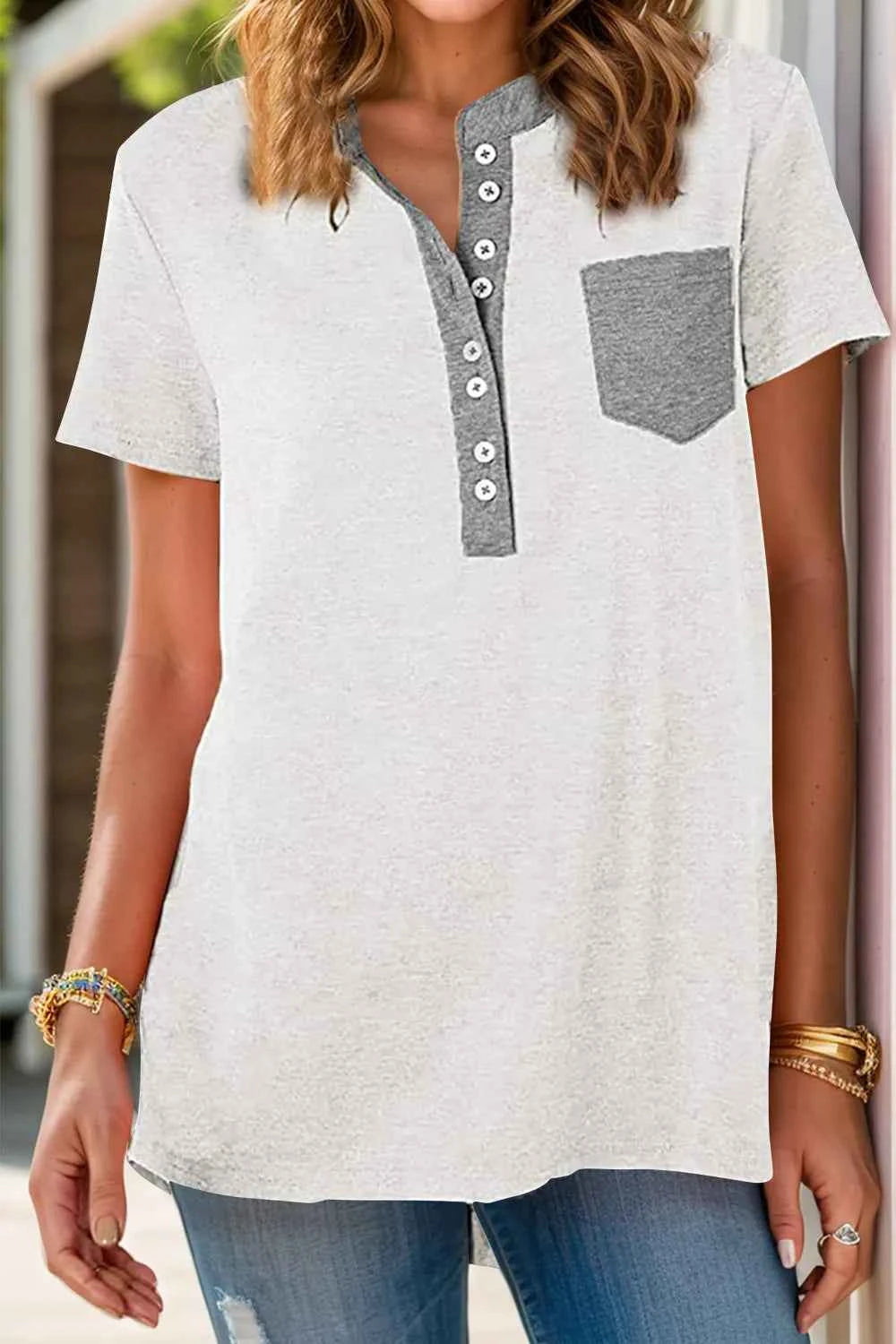 Full Size Half Button Short Sleeve T-Shirt White edcd2c1e-fa29-467a-995a-8e6285eaaaed-Max