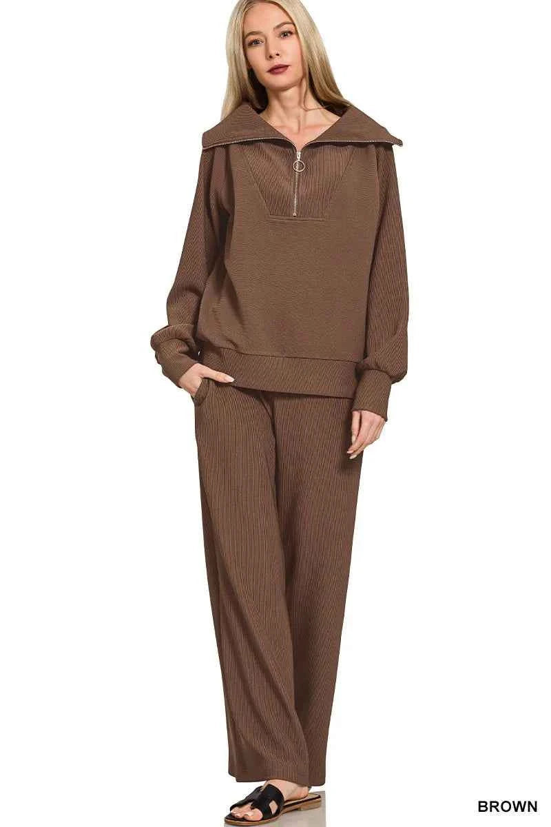 Zenana Ribbed High Neck Half Zip Pullover & Pants Set ede3edfdf3f349168168a00b7c2fa9ce-Max-Origin
