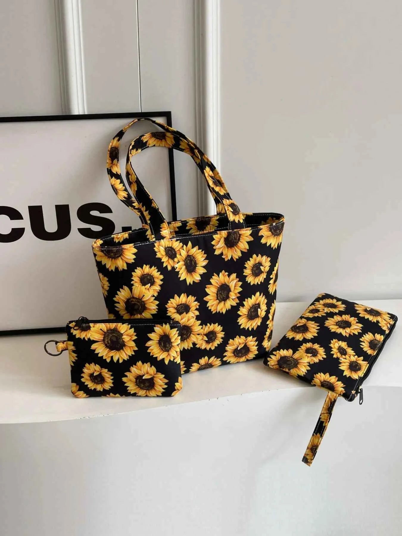 Sunflower Print 3-Piece Canvas Bag Set Black onesize ede75c4f-6078-4aa0-ab58-d1a017ed55bc-Max-Origin