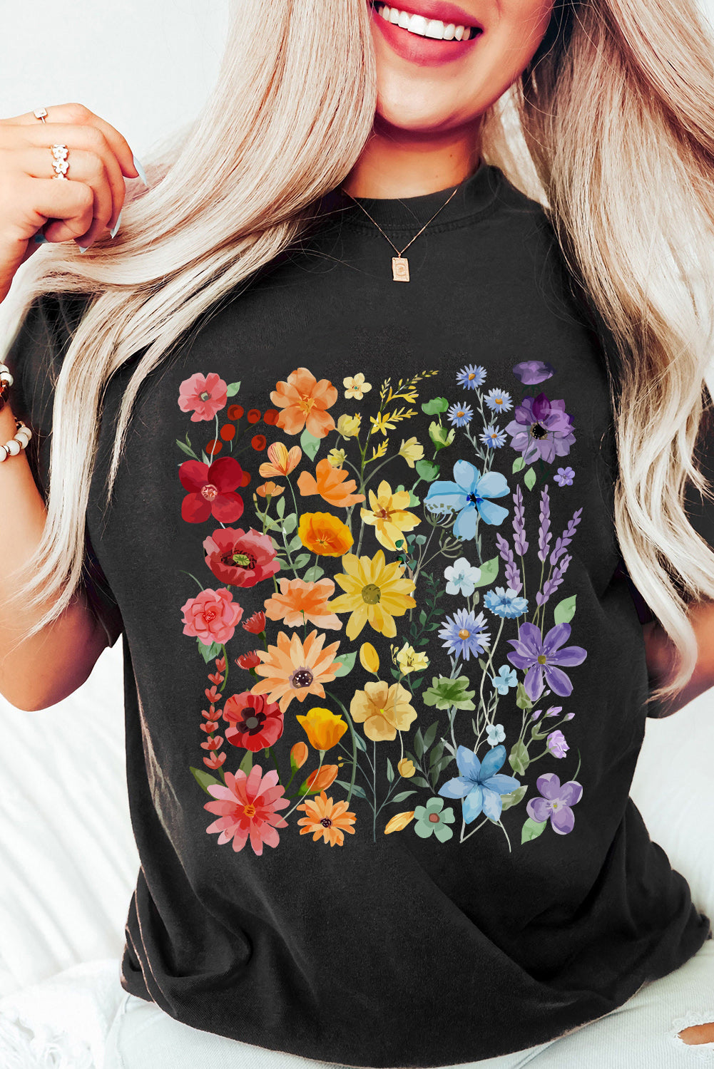Black Flower Print Cotton Blend Casual Tee ee09fb6dc881a505