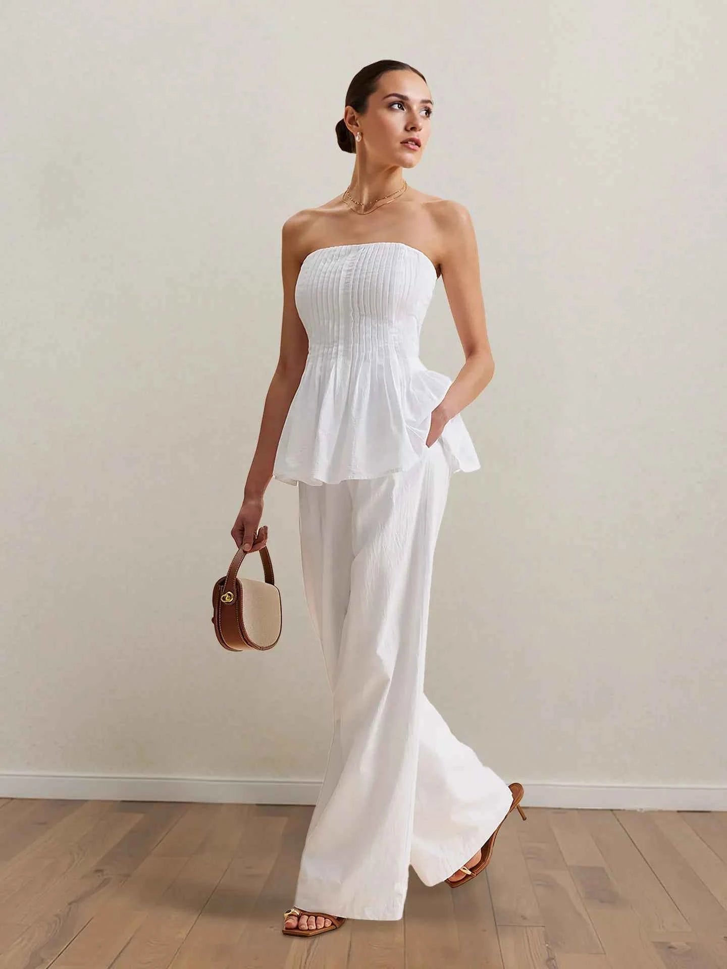 Strapless Peplum Top and Wide Leg Pants Set White ee2083a9-a073-44a4-b0bd-761584fef6ca-Max-Origin