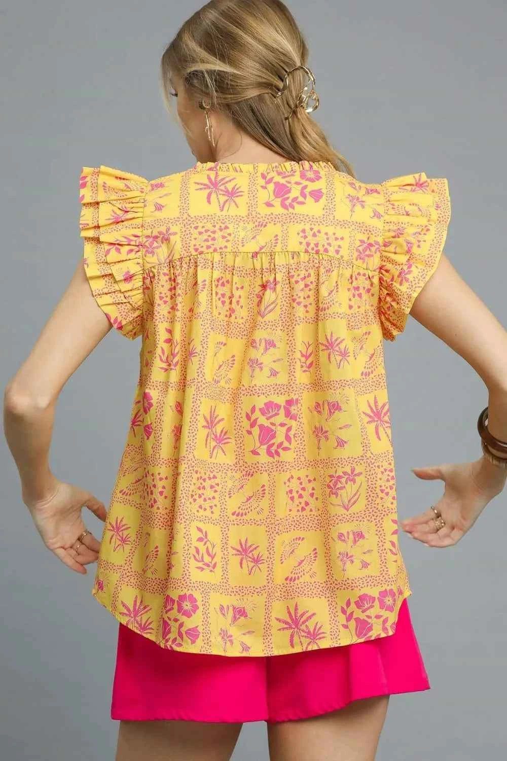 Umgee Printed Ruffle Cap Sleeve Blouse ee38cfb3-5e7a-446a-8352-6743cd53eb61-Max-Origin