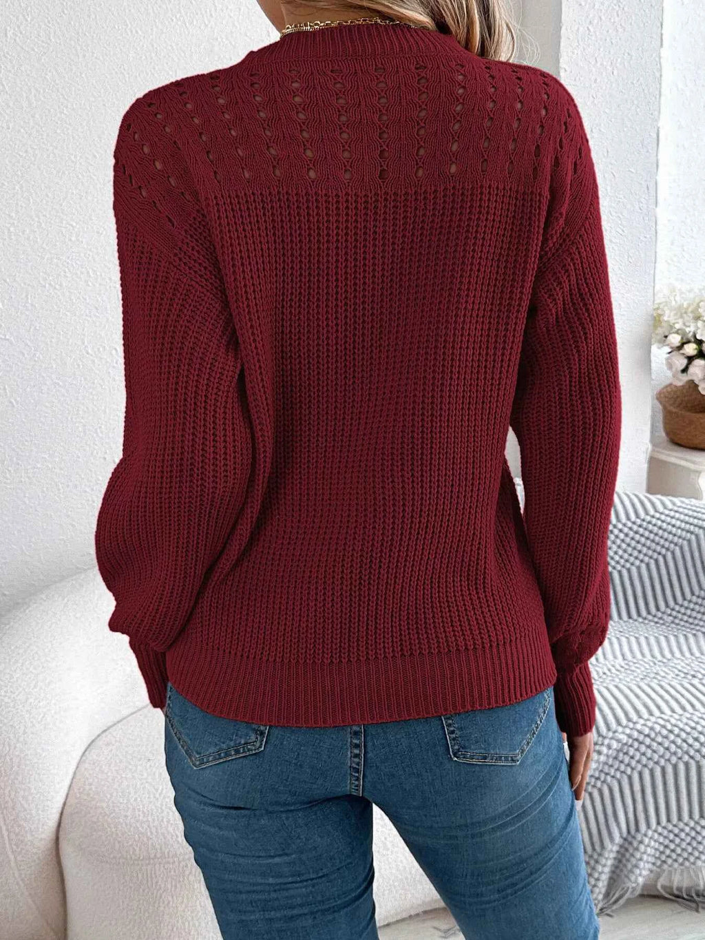 Openwork Round Neck Long Sleeve Sweater ee3b363145f1432daa81f1ada47cabed-Max-Origin