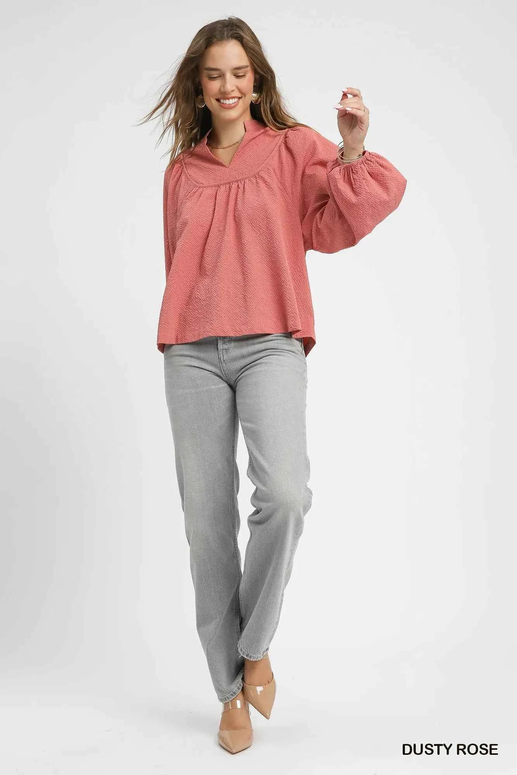 Umgee Textured Notched Blouse with Balloon Sleeves ee60a1ce-cc1f-4d0d-a679-879abb52d463-Max-Origin