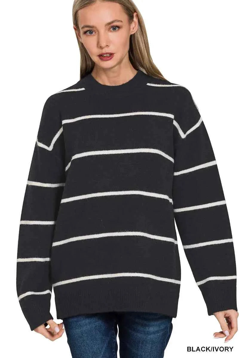 Zenana Round Neck Stripe Sweater BLACK IVORY ee6ea70528f54df3a486d9fb26caa023-Max-Origin
