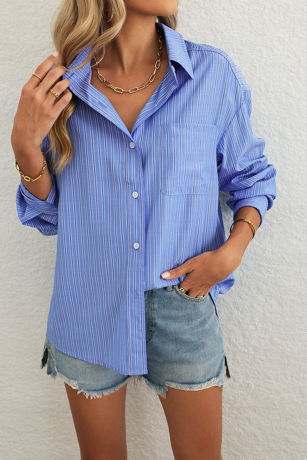 Blue Stripe Button Up Oversized Casual Shirt ee777273abdfa522