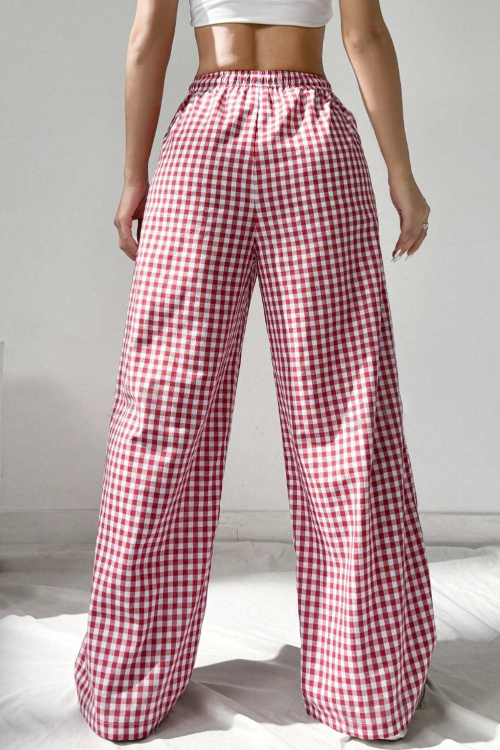 Red Plaid Knot Waist Pocket Casual Pants ee88e099d382bb8e