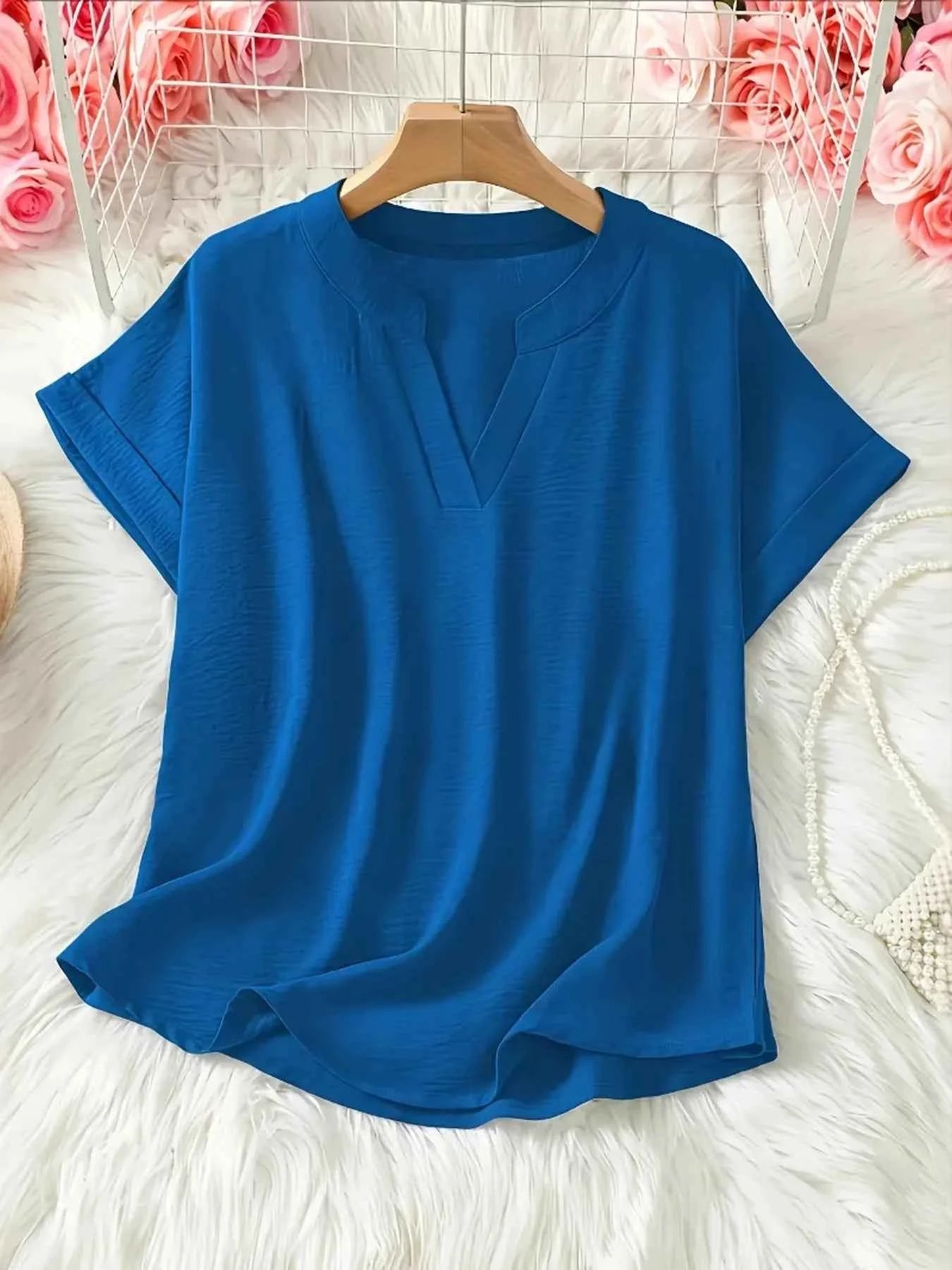 Casual Notched Short Sleeve Blouse ee90d8c4d71344a7ae87560b934101c6-Max-Origin