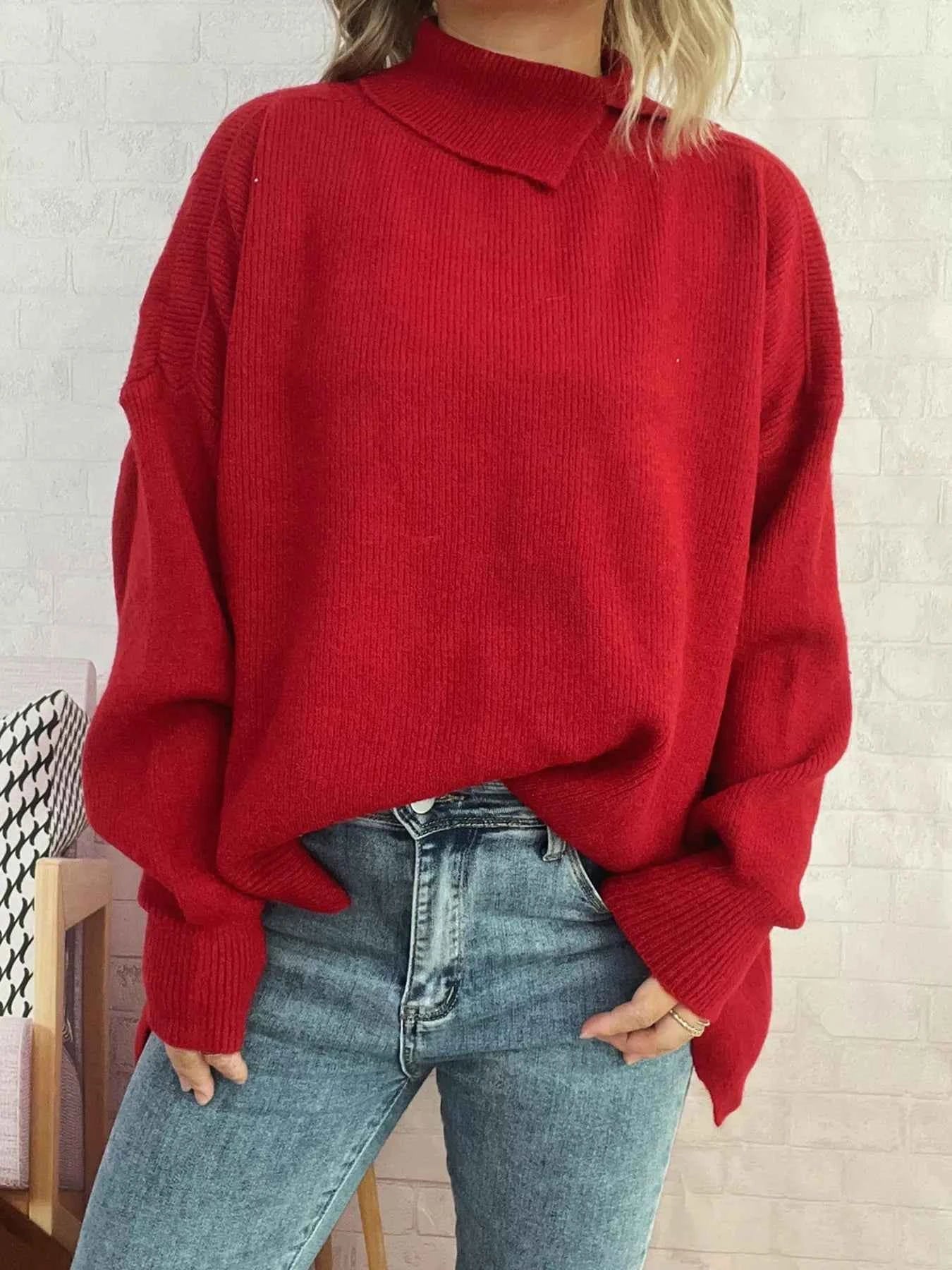Slit Turtleneck Long Sleeve Sweater Red One Size ee9e2e9a922a41688a0639fa942d2c1d-Max-Origin