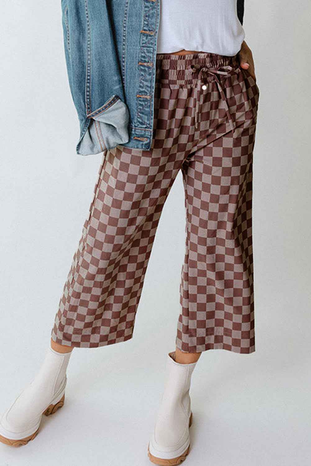Khaki Tie Elastic Waist Checkered Loose Pants ee9fe86f379e0755