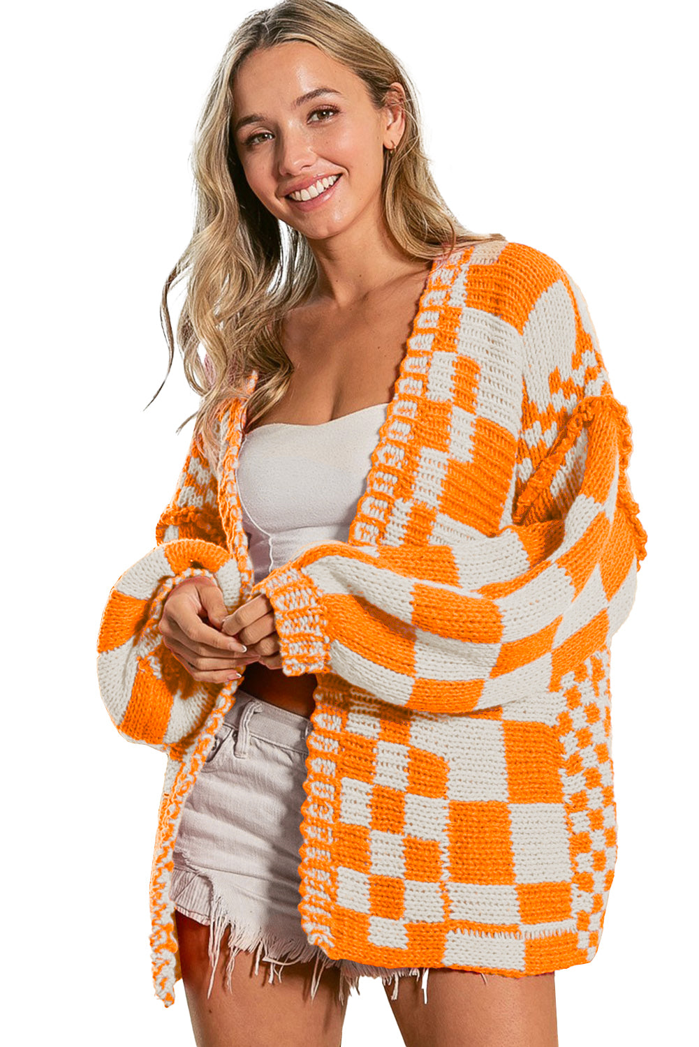 Smoke Gray Colorblock Checked Open Front Knitted Cardigan eea47290fba078a6