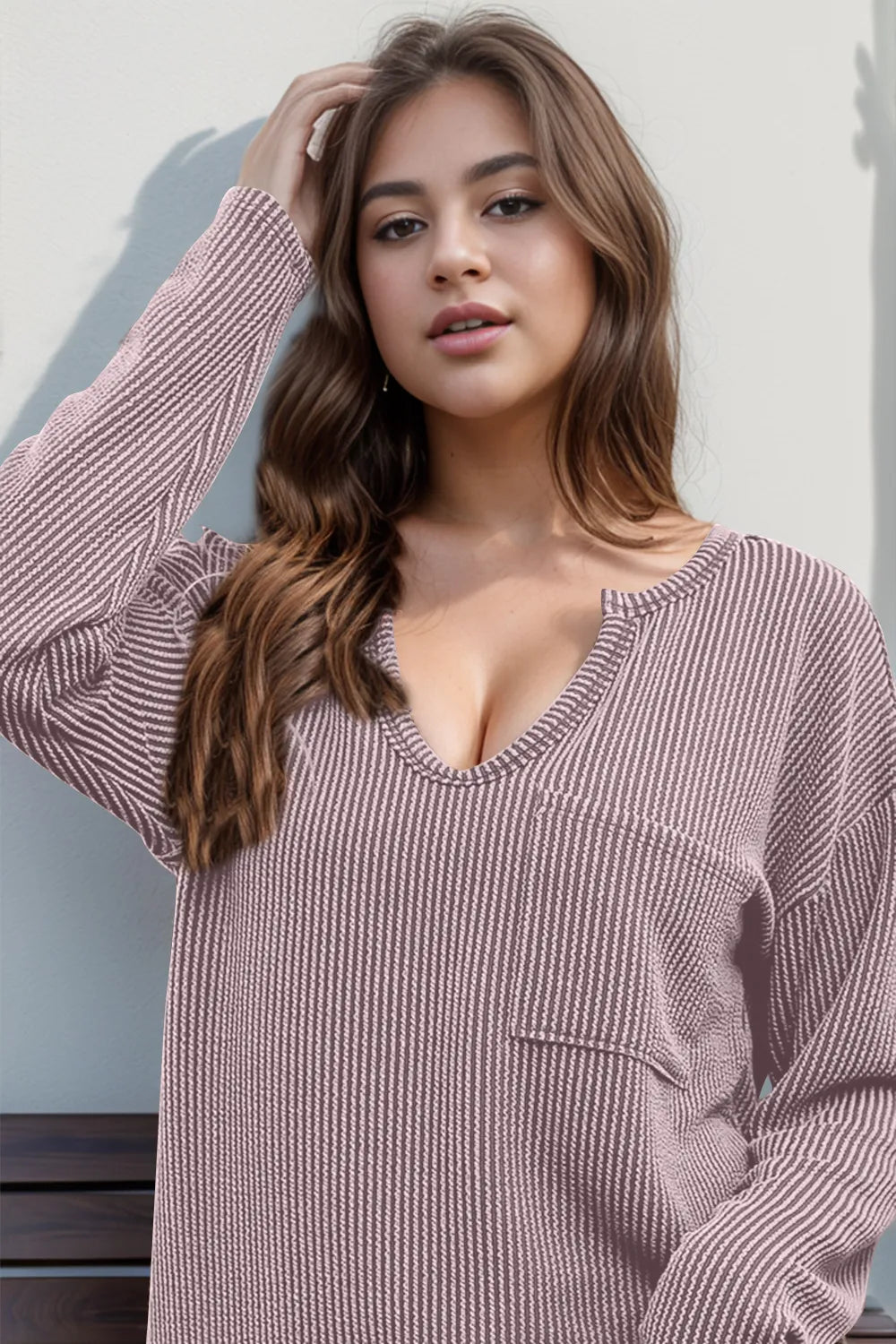 Double Take Striped Notched Long Sleeve T-Shirt eee565af-e5f7-403b-8d0e-990fcf2dfb4b-Max