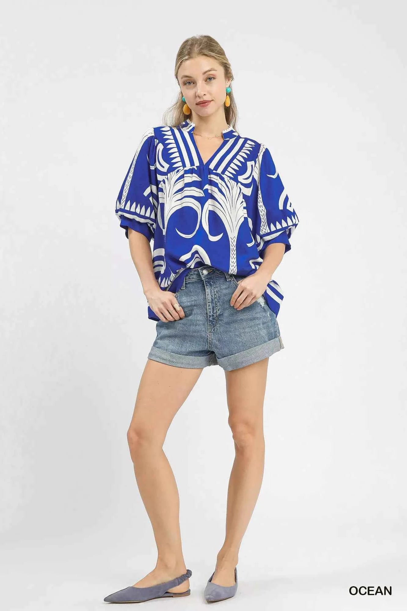 Umgee Folk Art Palm Print Puff Sleeve Blouse