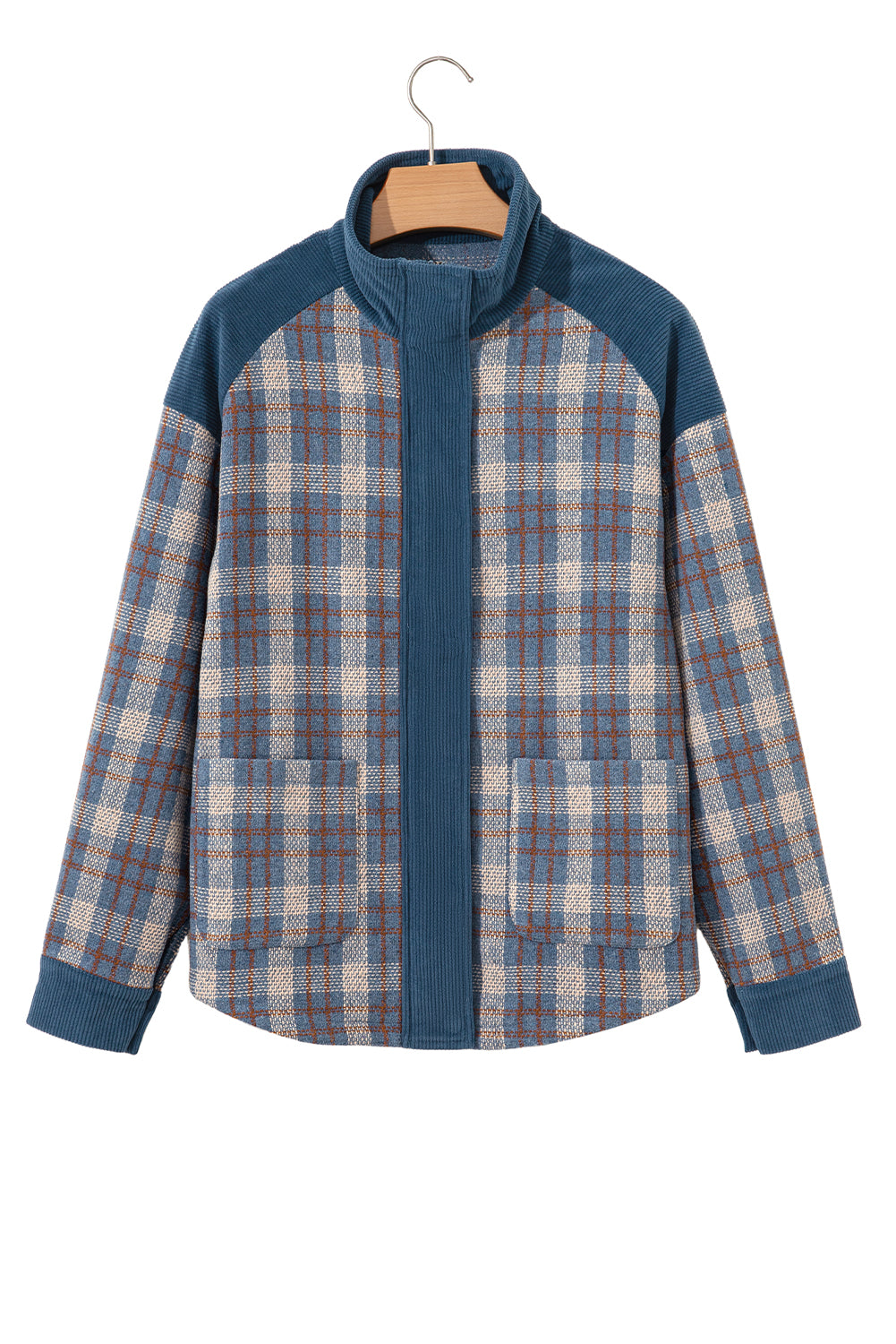 Gray Plaid Corduroy Patchwork Collared Zip Up Snap Button Jacket Gray 100%Polyester eef227aebca23a10