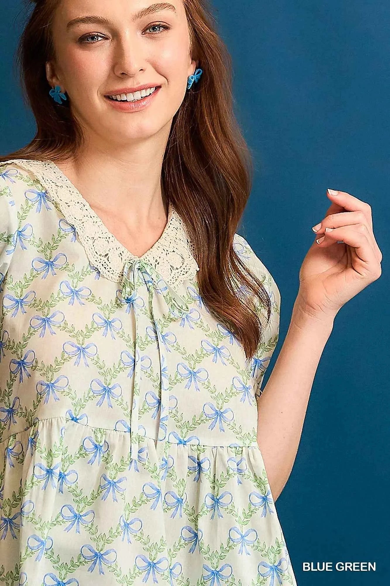 Umgee Lace Detail Bow Print Flounce Sleeve Blouse eefeeb93-6191-4cff-8e57-24a5852620ea-Max-Origin