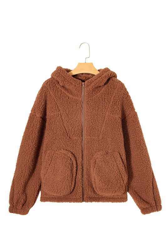 Solid Sherpa Fleece Zip Up Hooded Jacket