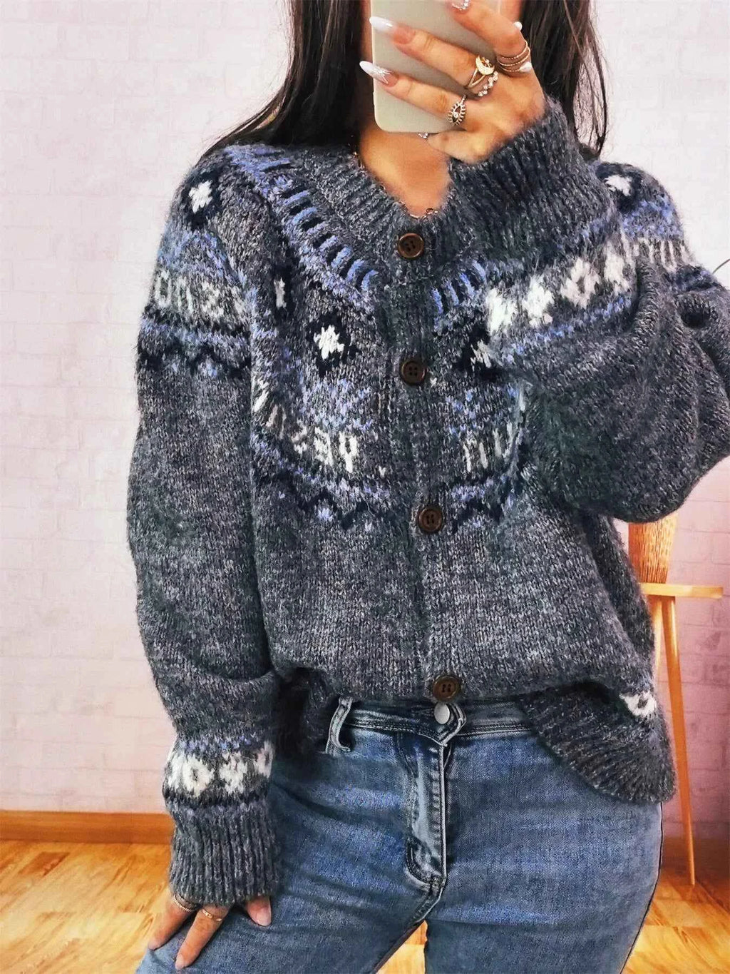 Geometric Pattern Button Up Long Sleeve Cardigan ef1ff6c434f44ef682858efc2c66c206-Max-Origin