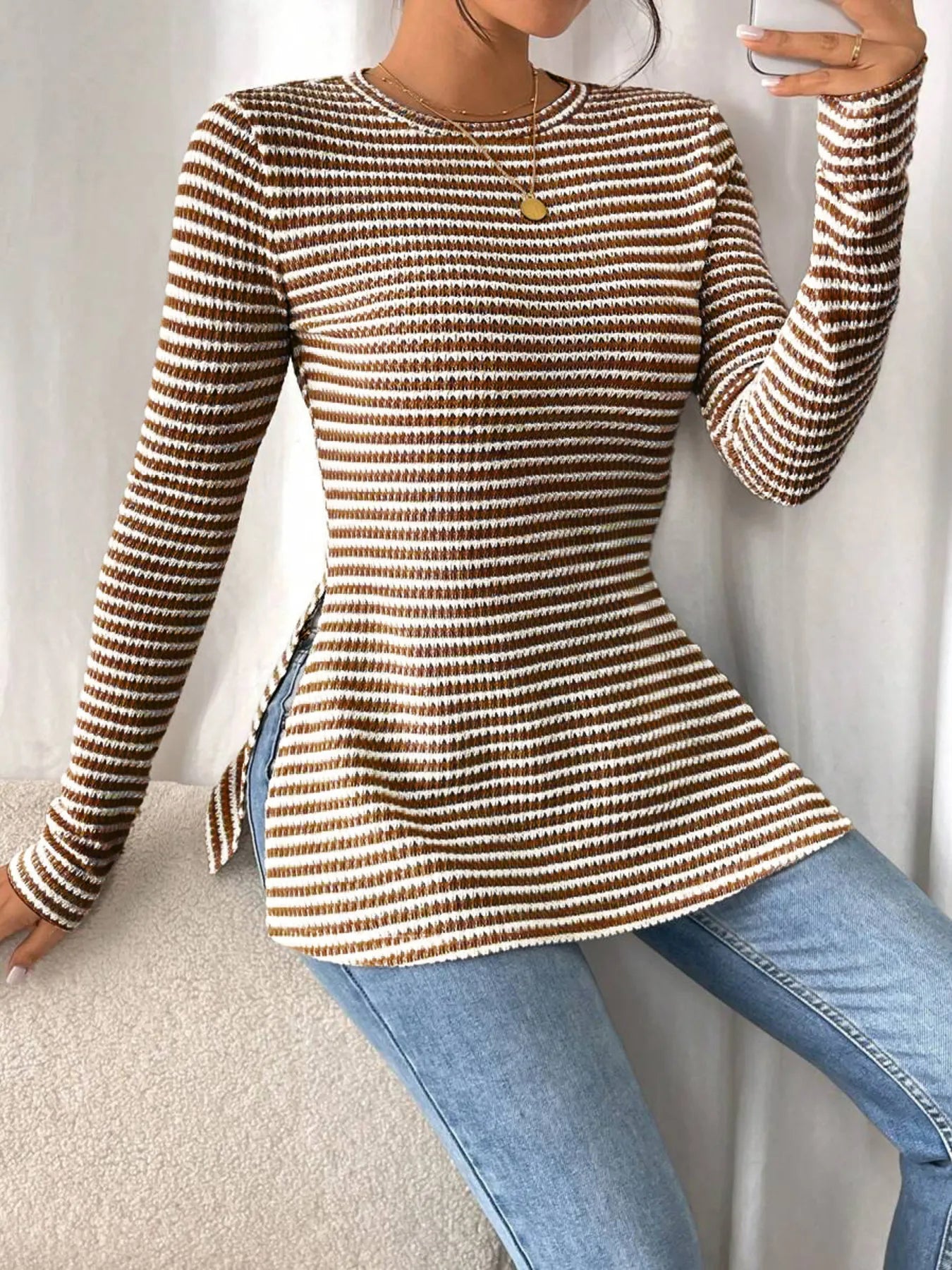 Side Slit Striped Long Sleeve T-Shirt Brown ef262504b4804731a62d8b9d2116e822-Max-Origin