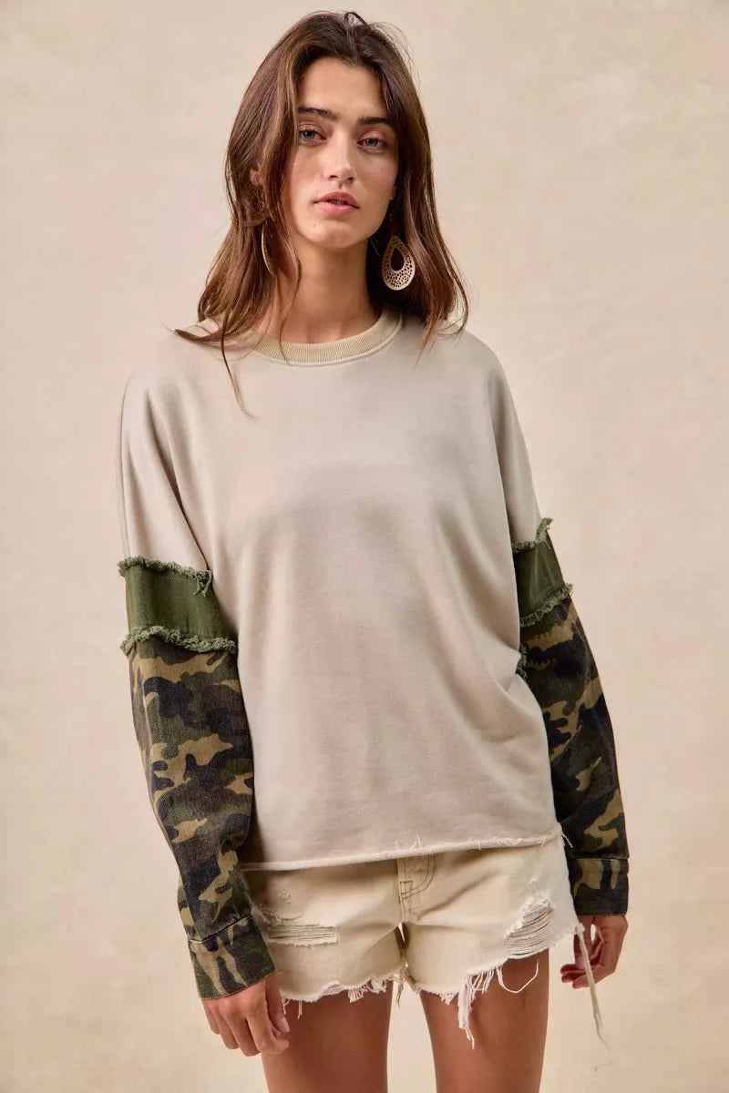 BiBi Camo Sleeve French Terry Top with Frayed Edge ef32f29ce45146869558bb809be7214e-Max-Origin