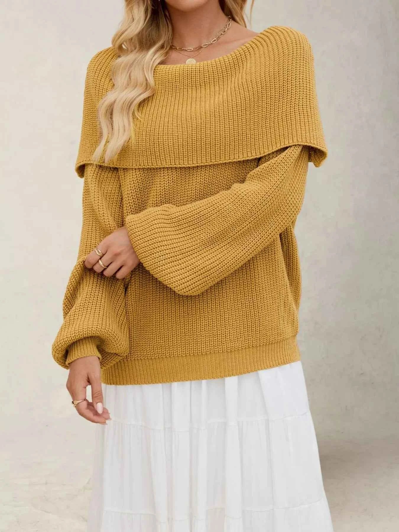 Fold-Over Collar Long Sleeve Sweater Dark Yellow ef351f761be347e9b6b9ded6468606dd-Max-Origin