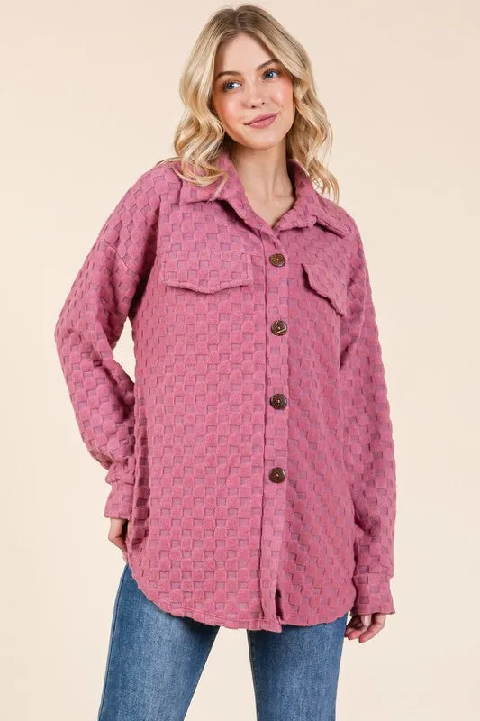 BOMBOM Checkered Button Down Dropped Shoulder Shacket Deep Rose ef443bad-2315-4ce8-b0bb-891e00234a77-Max