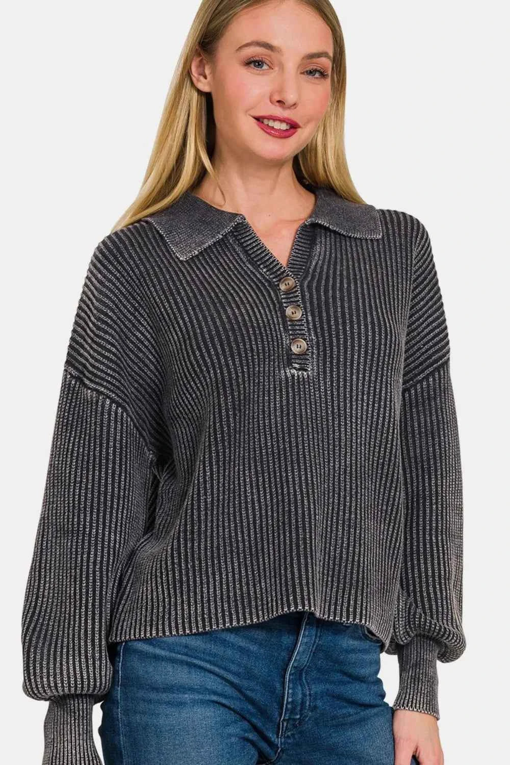 Zenana Washed Half Button Long Sleeve Sweater Black ef5230c0-776a-4f82-8277-dac96c7ddd77-Max