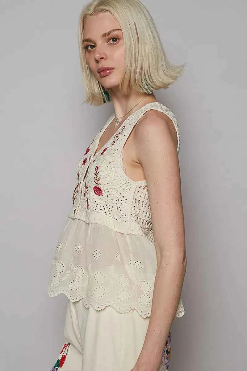POL Embroidered Detail V-Neck Eyelet Peplum Tank ef5fe5f4-d07d-4209-a3e7-27e630684b55-Max-Origin