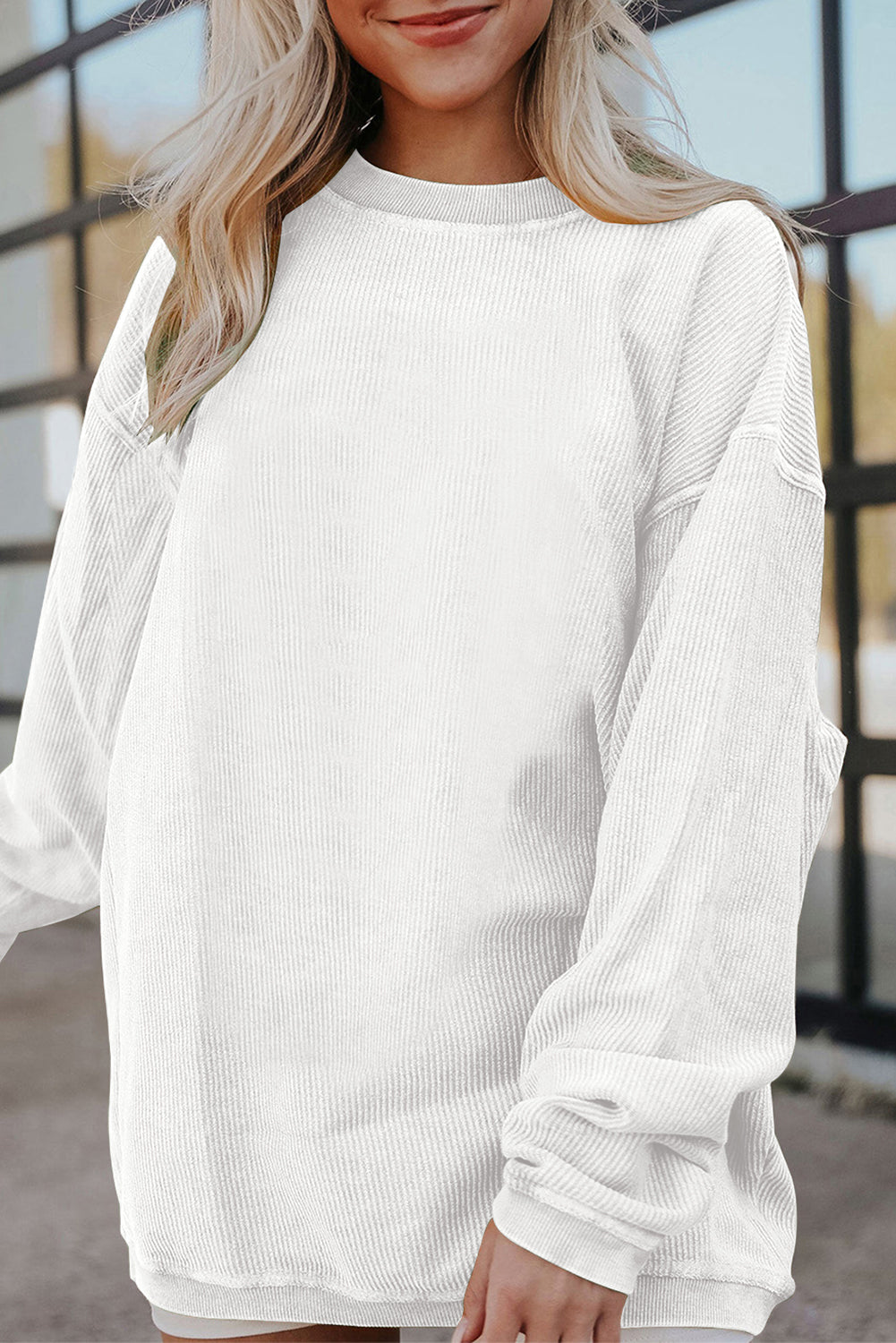 White Drop Shoulder Rib Knit Oversized Sweatshirt White 100%Polyester ef6cf91d182c67b0