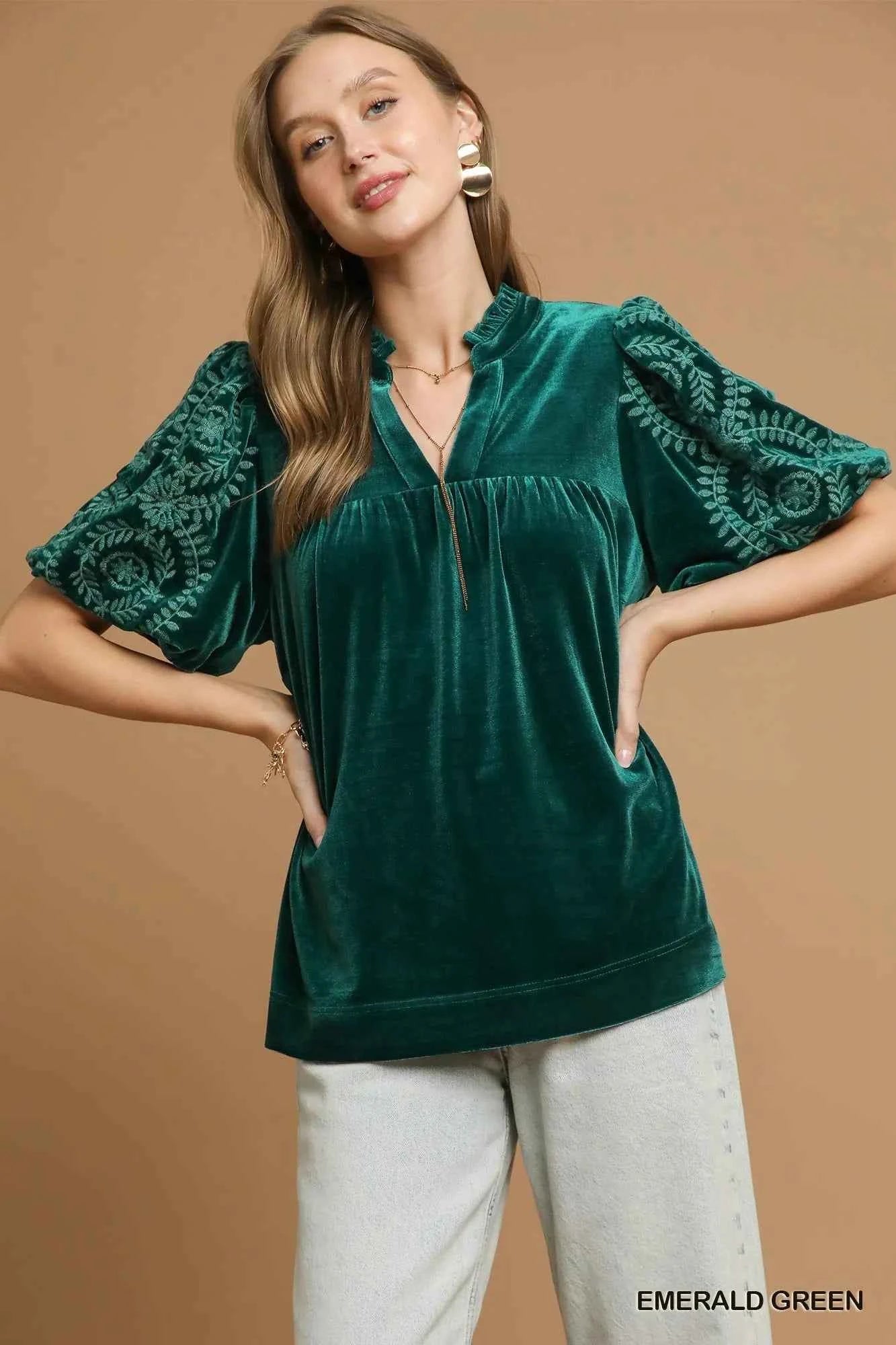Umgee Velvet Embroidered Sleeve Blouse EMERALD GREEN ef6d5e8d-f3e4-4d9f-b1cd-6aaaa56b3297-Max-Origin