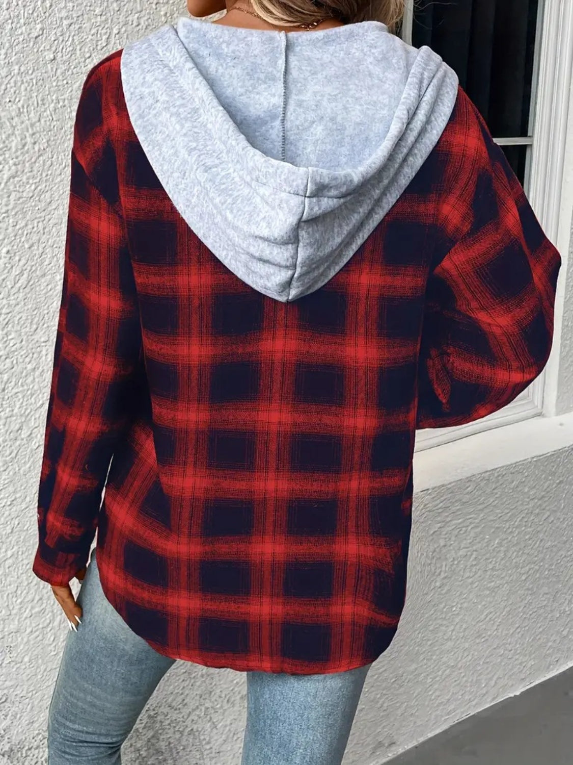 Plaid Drawstring Button Up Hooded Jacket ef7c427f3e1f4ebf995850dd332ac81e-Max