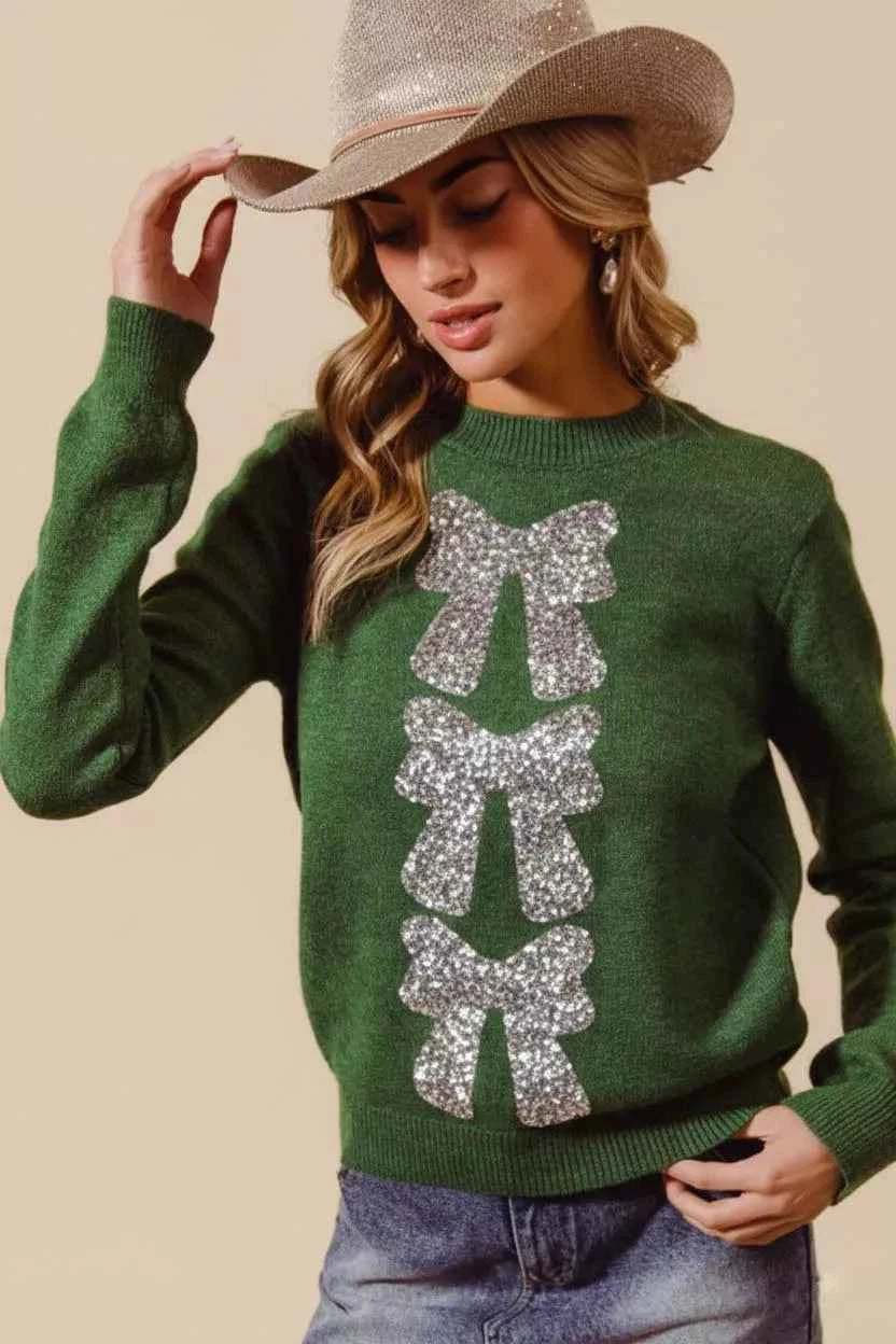 SO ME Sequins Bow Ribbon Embellished Christmas Sweater ef87b65a-1008-44e3-b0af-6f800b248cd3-Max-Origin