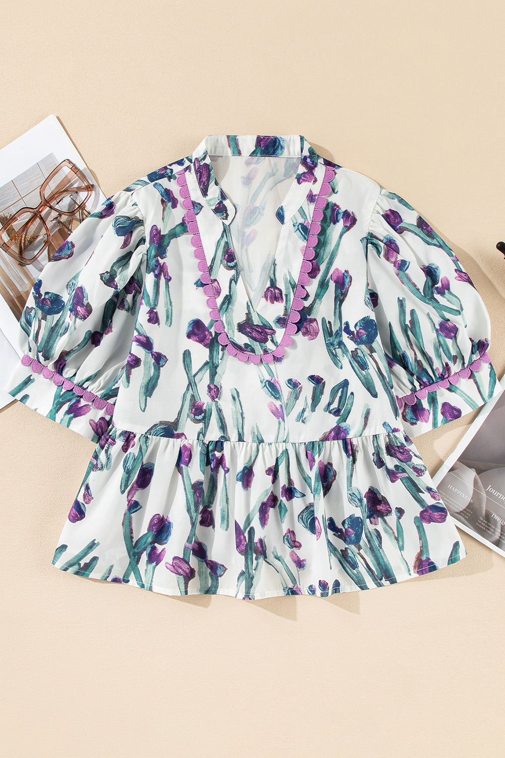 Purple Floral Ricrac Trim Puff Sleeve Peplum Blouse ef8e40147d9da374