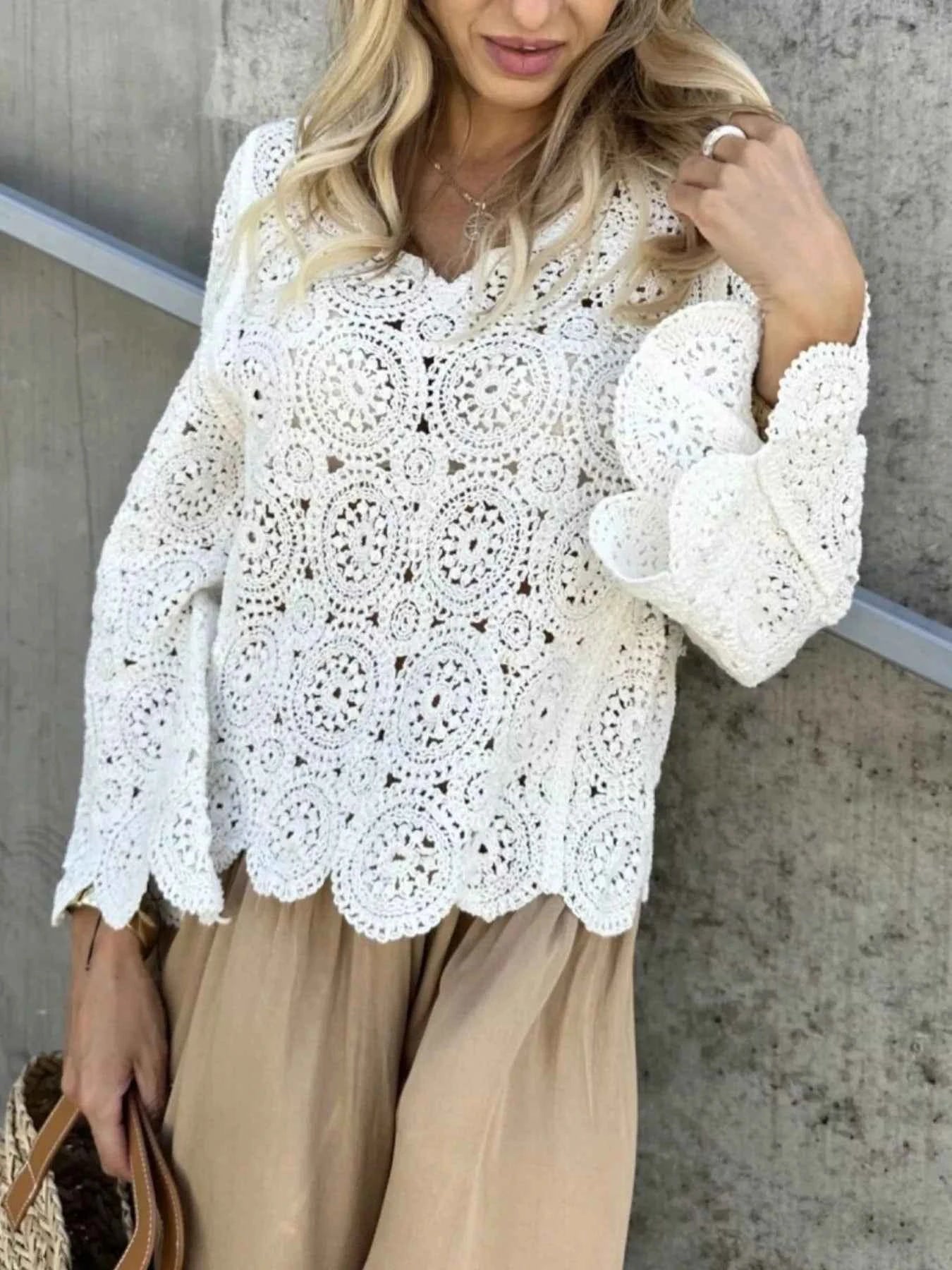 Crochet Lace V-Neck Bell Sleeve Knit Top efadb2af-4285-435d-aacc-5d54cb2db8bb-Max-Origin