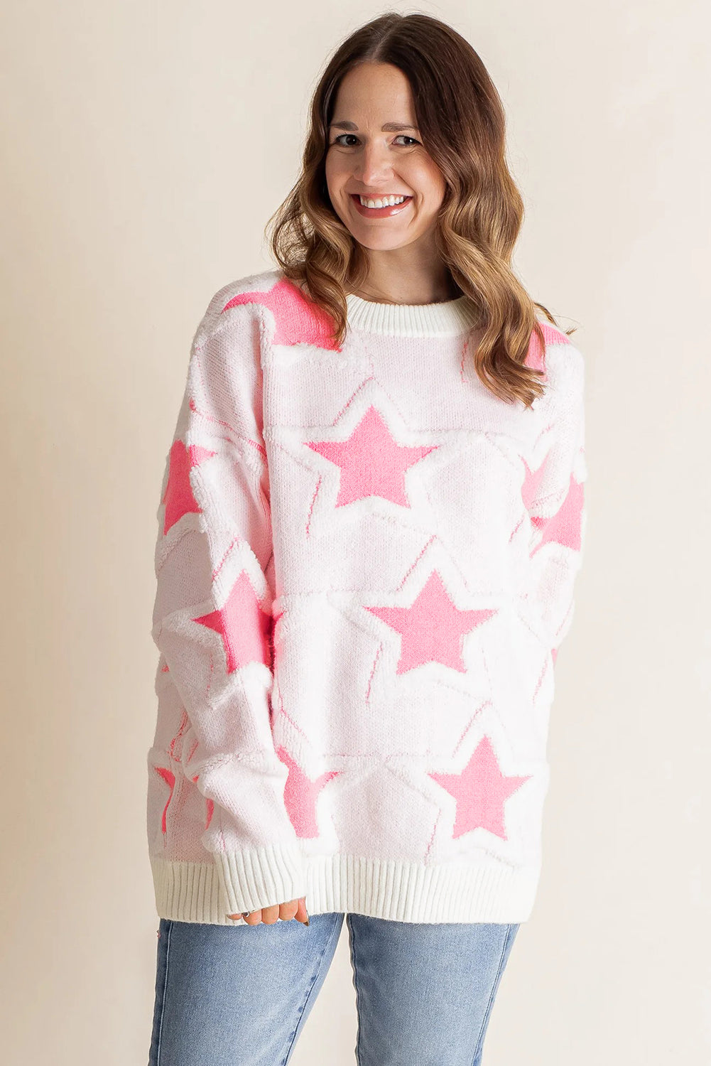 Sachet Pink Star Pattern Drop Sleeve Loose Sweater efb8d1149167a2fe