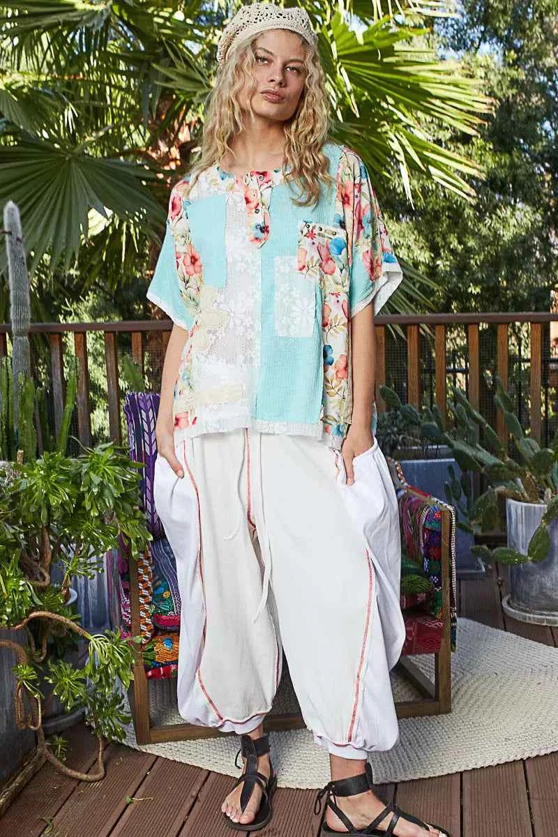 POL Lace Round Neck Short Sleeve Floral Pattern Top with Patch Detail efcbf2b2-65b2-4120-8ebd-645675509aa0-Max-Origin