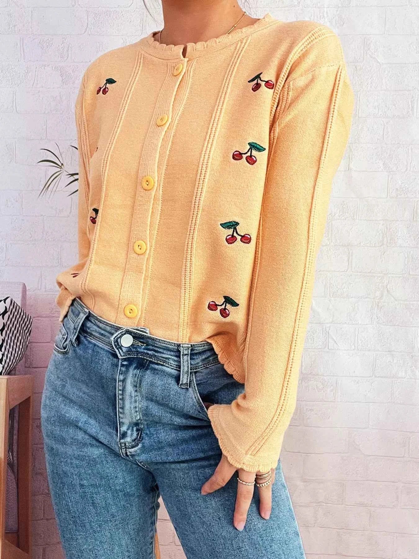 Cherry Embroidered Button Up Cardigan Yellow One Size efcc977747b04aa781c115ac088290bb-Max-Origin
