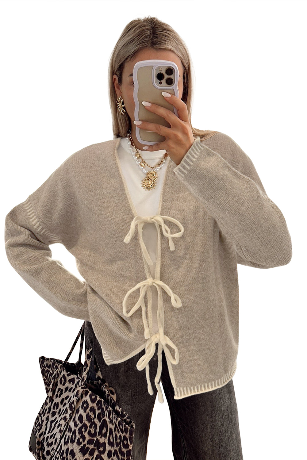 Pale Khaki Tied Front Drop Shoulder Chunky Casual Cardigan Pale Khaki 69%Polyester+23%Acrylic+6%Wool+2%Elastane efdec0ea249bb621