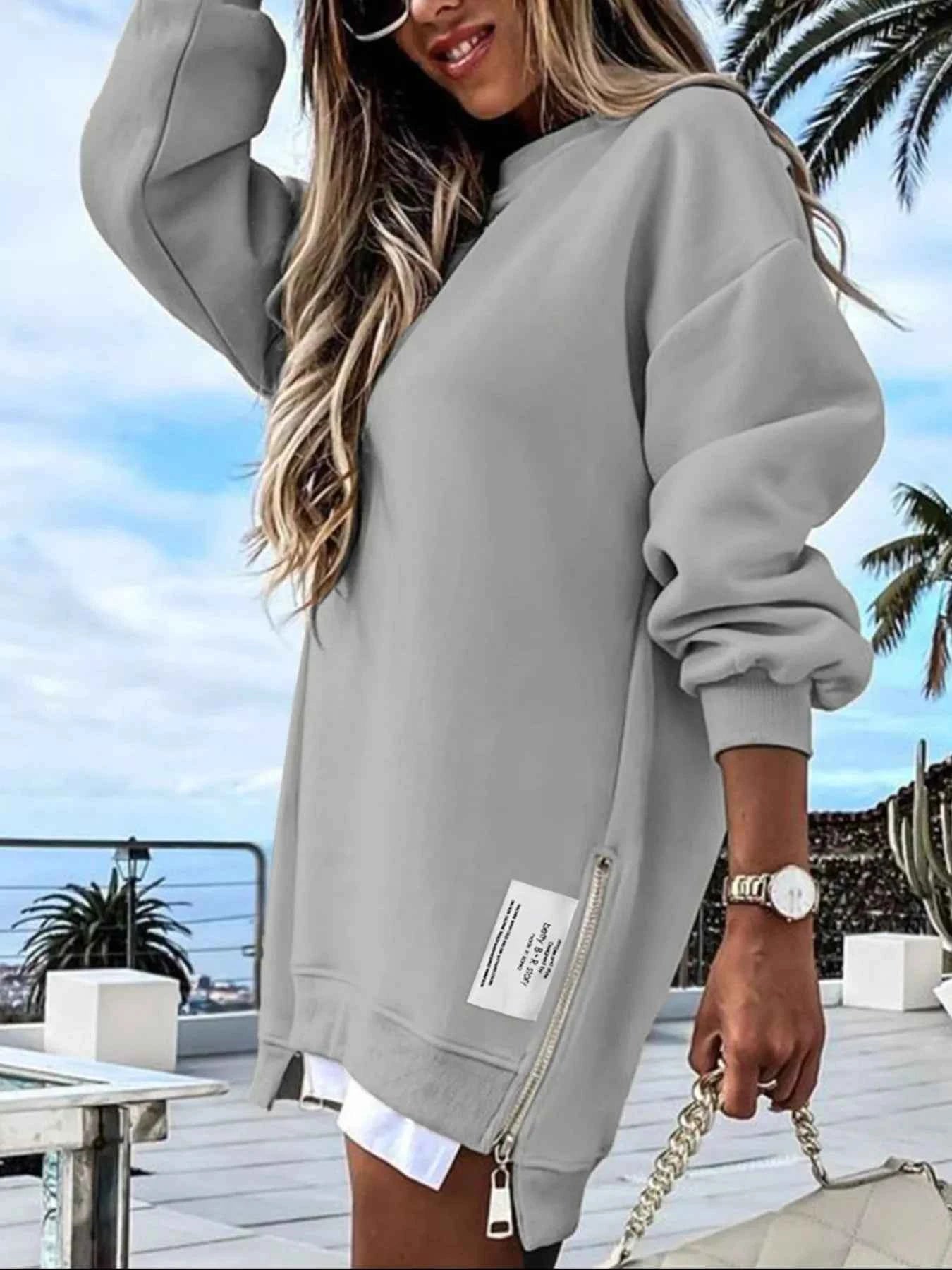 Side Slit Round Neck Long Sleeve Sweatshirt Gray effdc3e4-03bb-47bc-85e5-4891b40842d8-Max-Origin